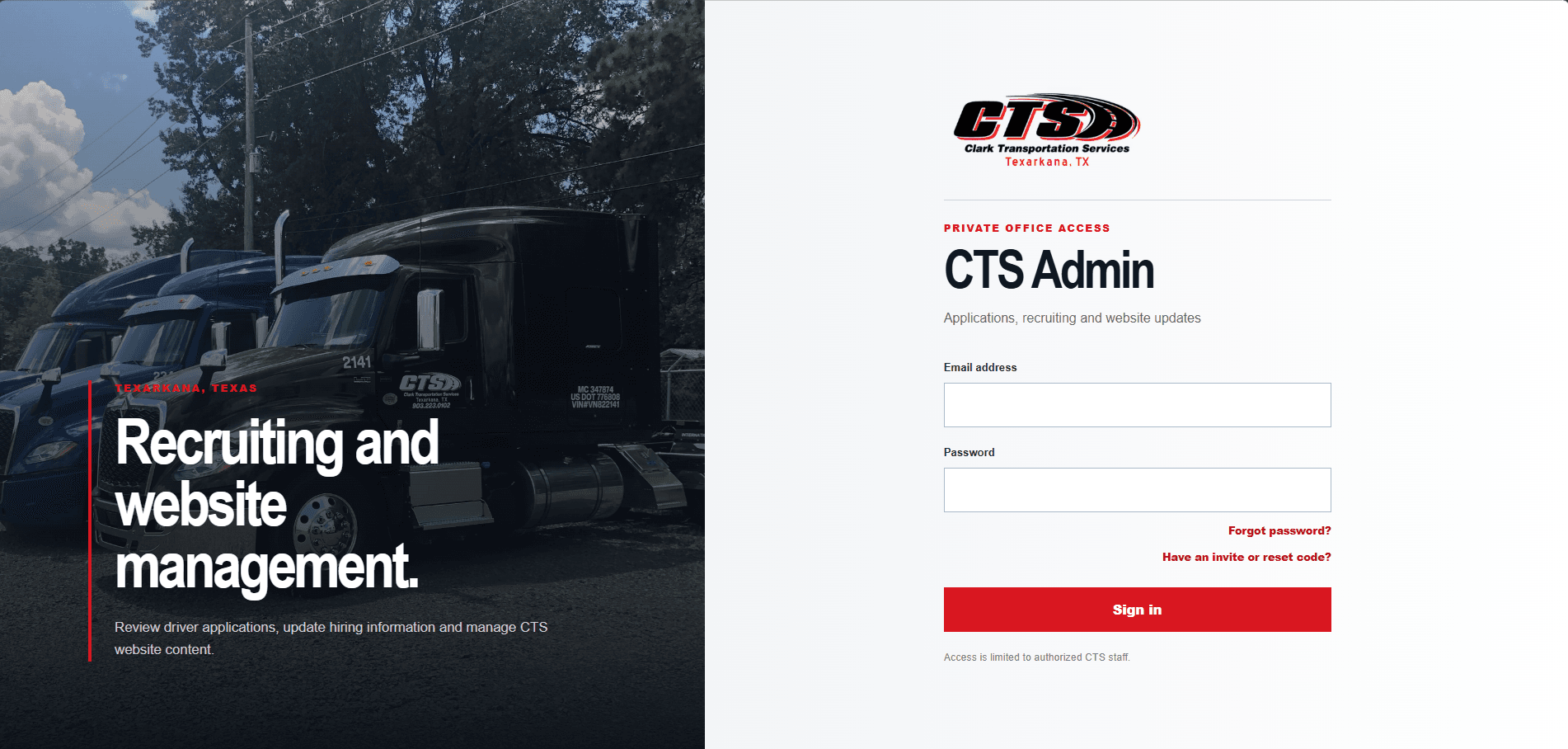 Clark Transportation Services private office access login page for staff and admin users.