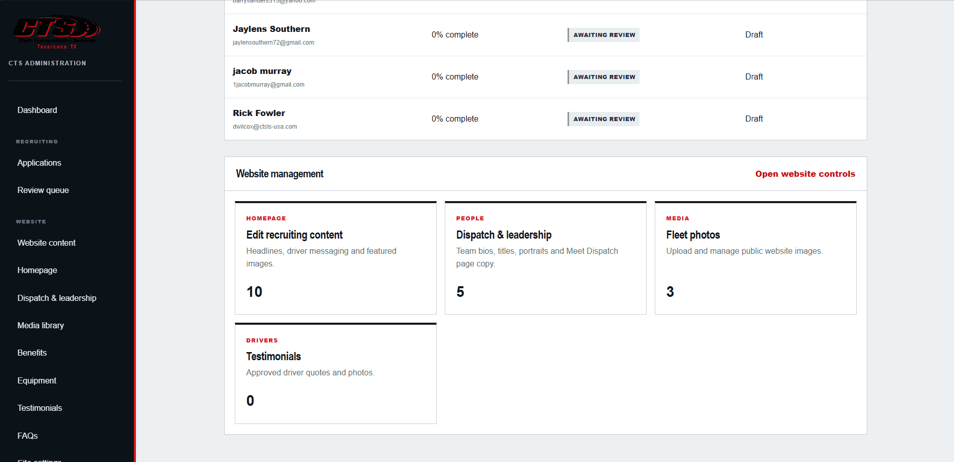 Clark Transportation Services admin website management screen with content blocks for recruiting content, leadership, media, and testimonials.
