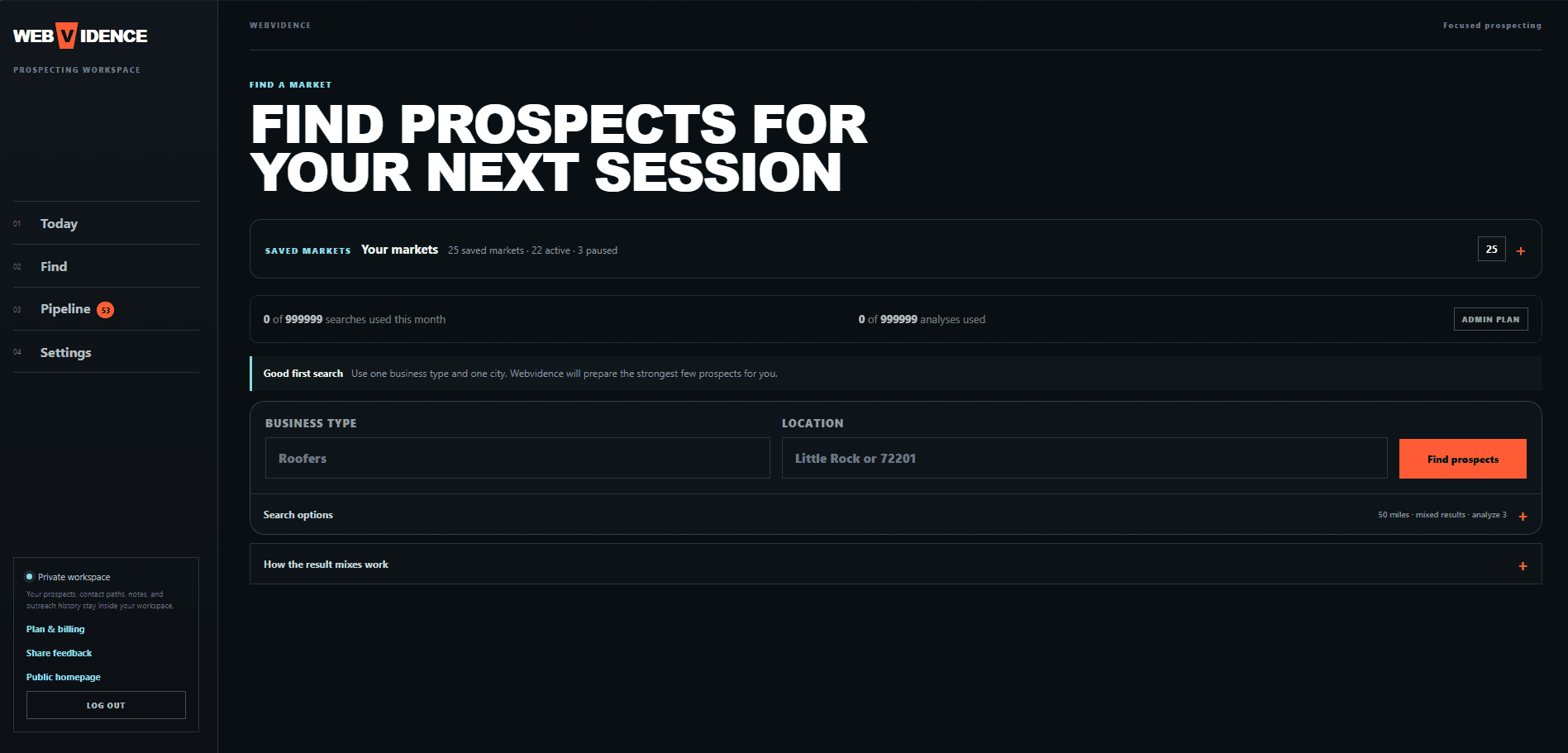 Webvidence find market page for searching prospects by business type and location.