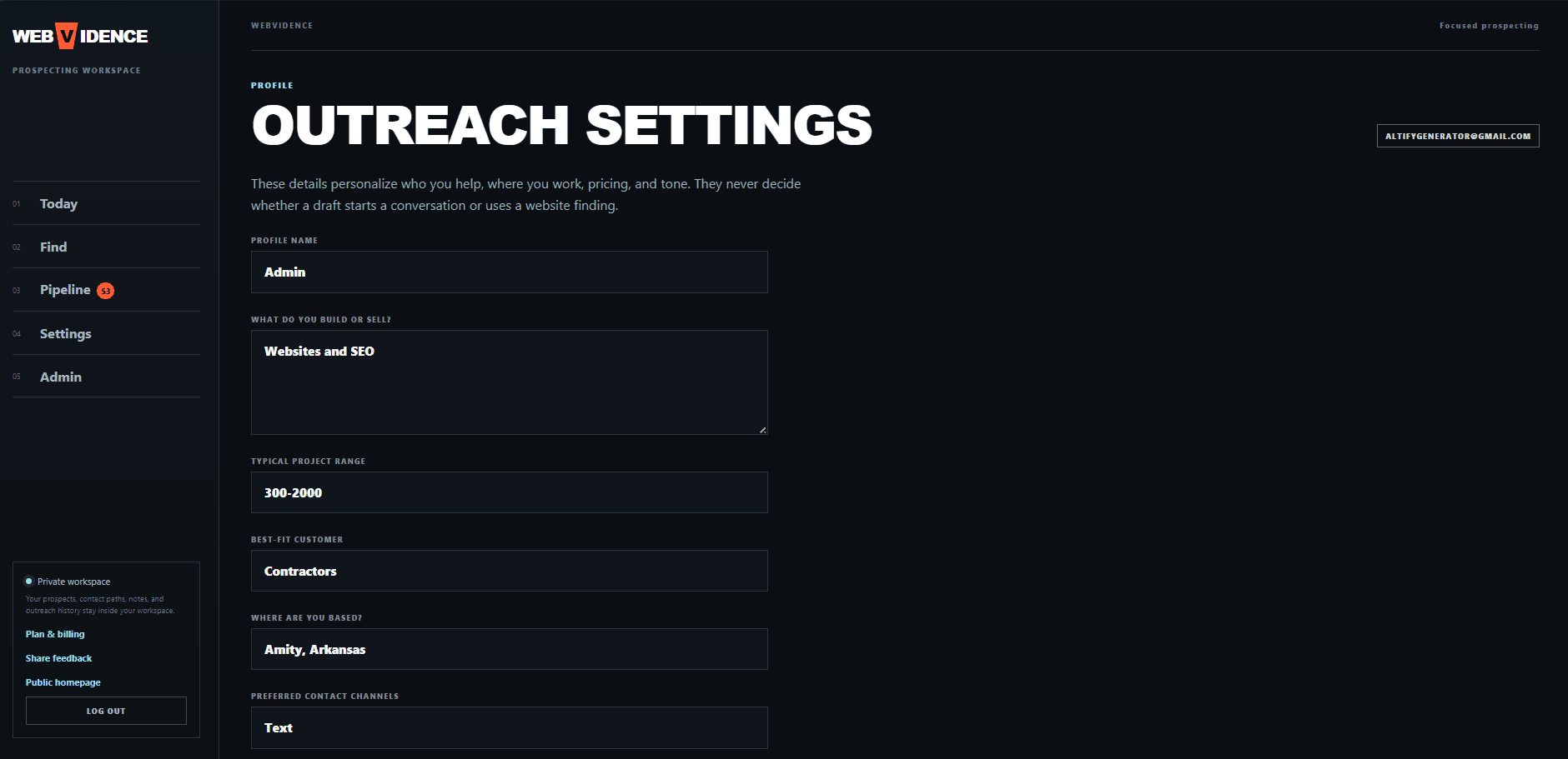 Webvidence outreach settings screen with profile details, project range, customer type, and contact preferences.