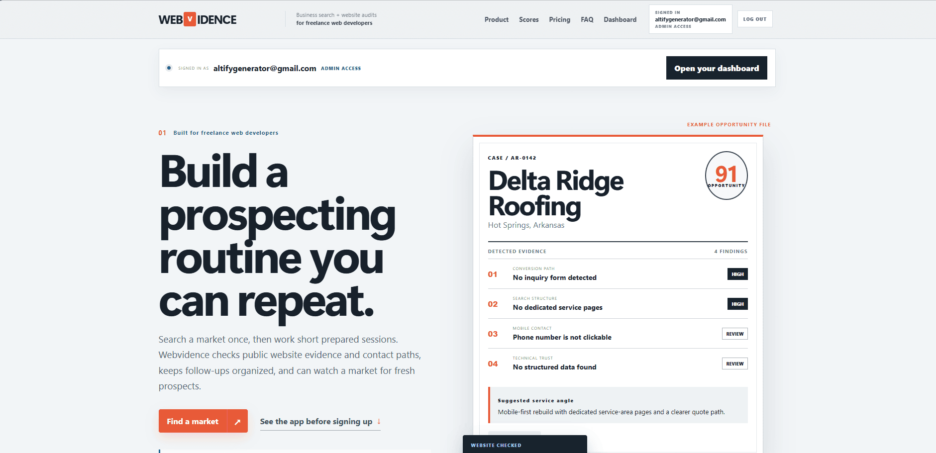 Webvidence public homepage showing prospecting routine and example opportunity file.