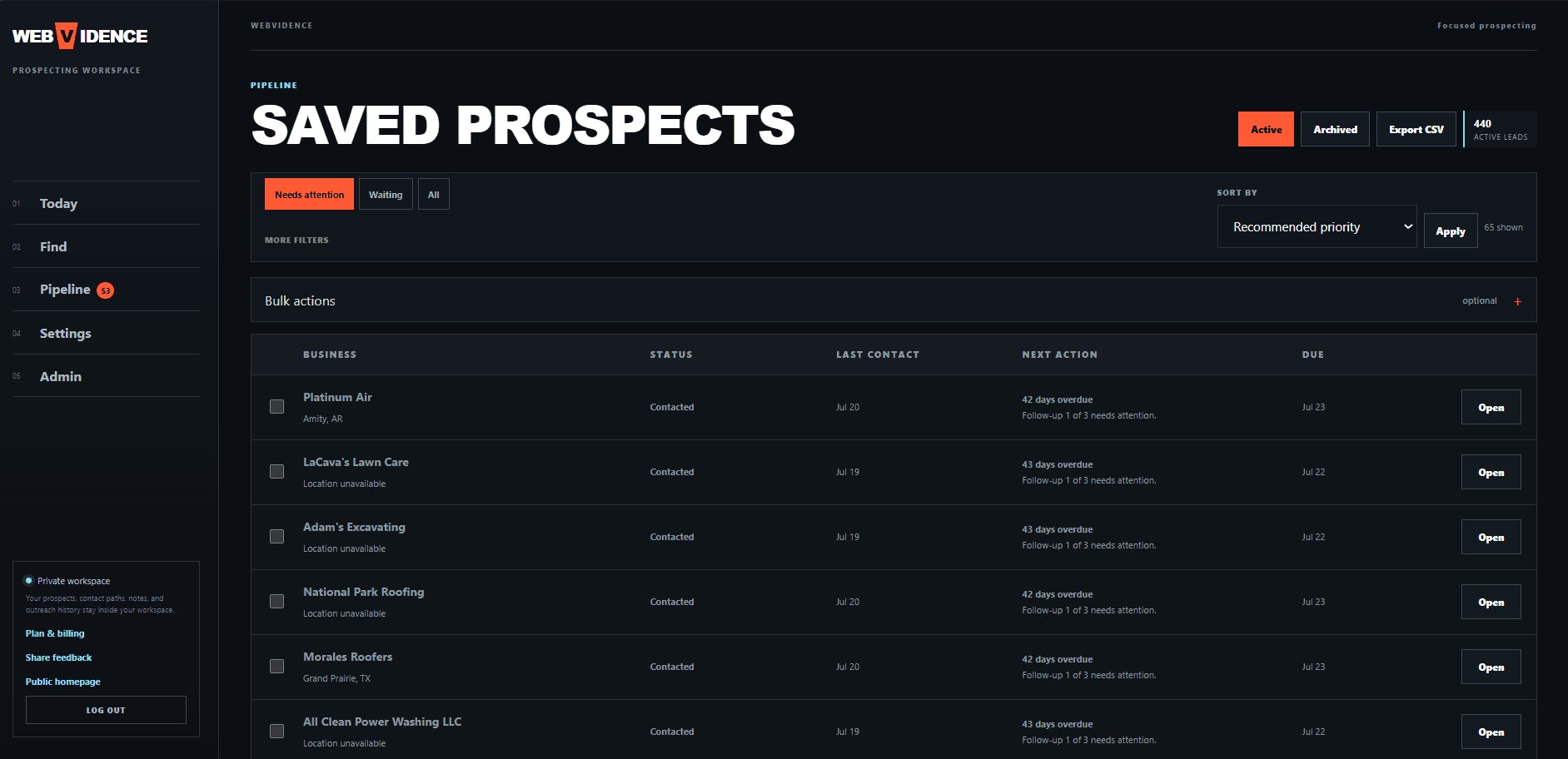 Webvidence saved prospects pipeline with statuses, filters, due dates, and open buttons.