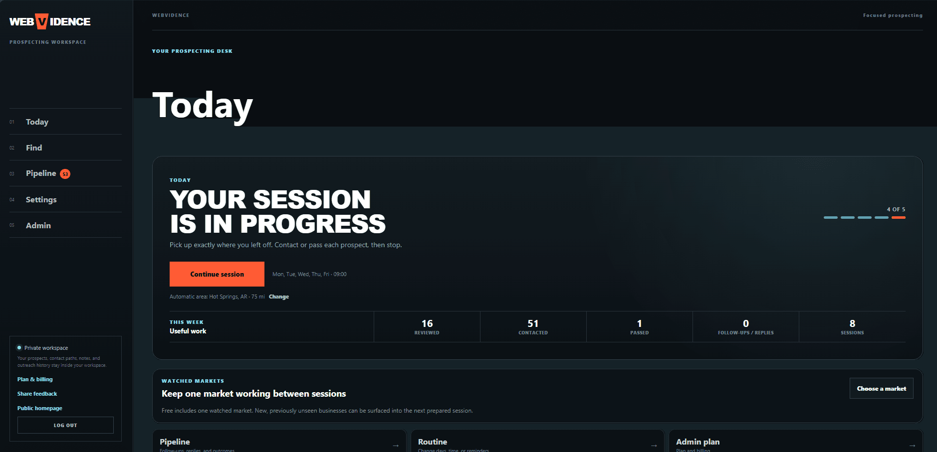 Webvidence dashboard showing today's prospecting session in progress with session stats.